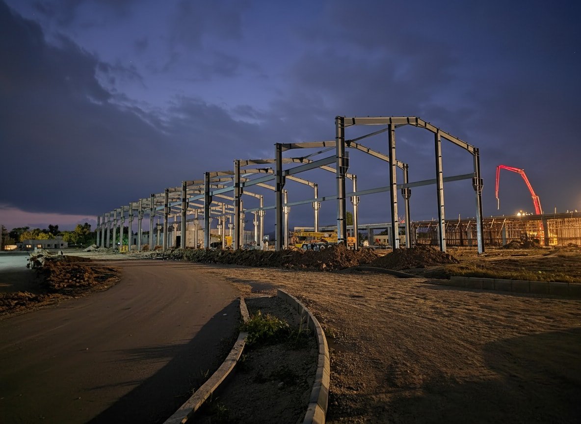 SEED-built industrial facility — structural steel frame at dusk