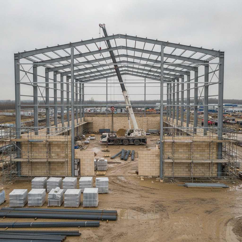 Industrial production hall extension under construction — structural steel frame and masonry works